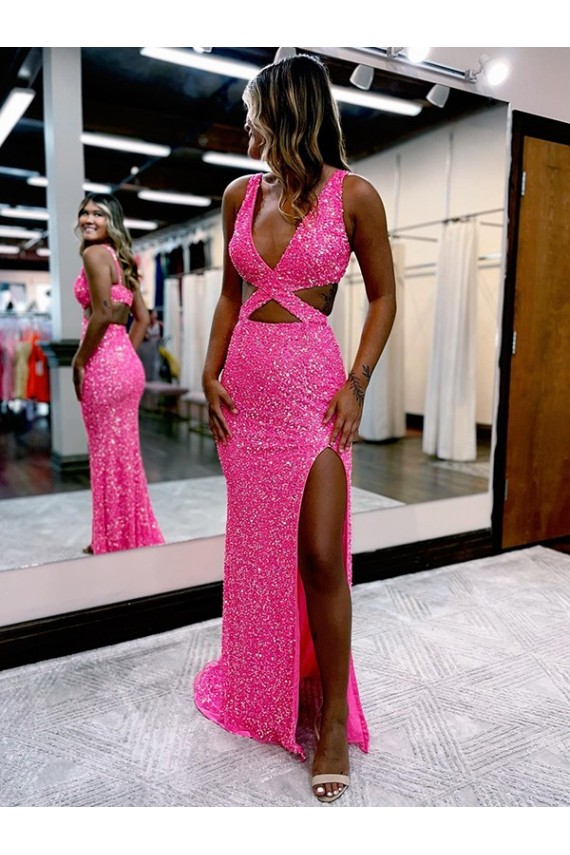 Affordable Sleeveless V-Neck Velvet Sequin Long Sweep Train Evening Dress