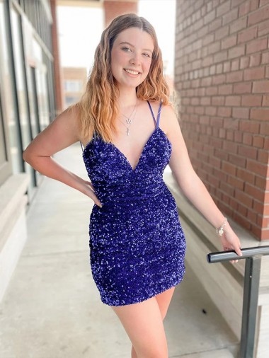 Affordable Sleeveless V-Neck Velvet Sequin Short Cocktail Evening Gowns