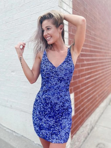 Affordable Sleeveless V-Neck Velvet Sequin Short Evening Dress
