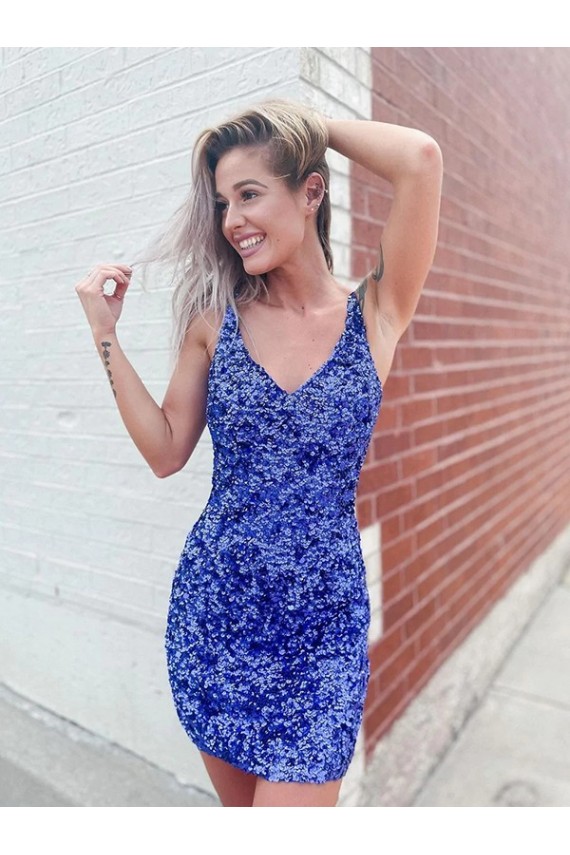 Affordable Sleeveless V-Neck Velvet Sequin Short Evening Dress