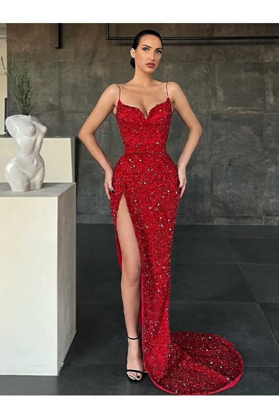 Affordable Sleeveless V-Neck Velvet Sequin Red Sweep Train Evening Dress