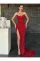Affordable Sleeveless V-Neck Velvet Sequin Red Sweep Train Evening Dress