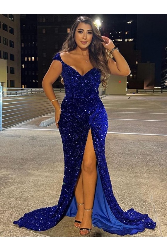 Affordable Sleeveless V-Neck Velvet Sequin Royal Blue Sweep Train Dress