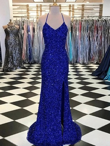 Affordable Sleeveless V-Neck Velvet Sequin Royal Blue Sweep Train Evening Gowns