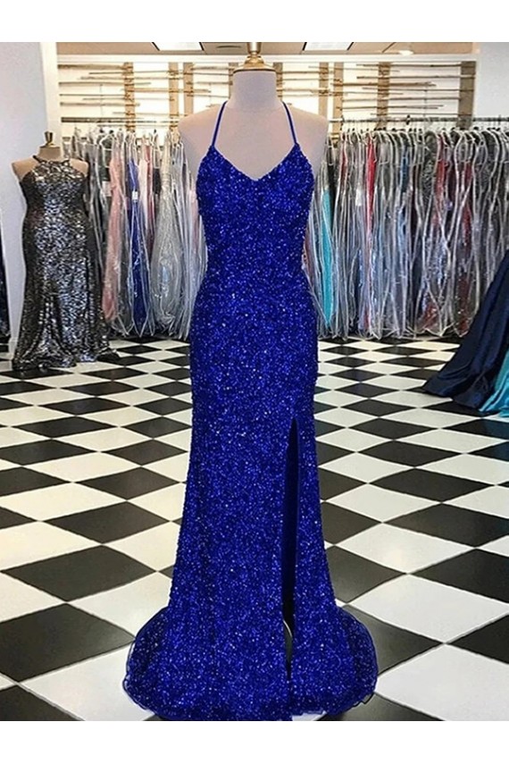 Affordable Sleeveless V-Neck Velvet Sequin Royal Blue Sweep Train Evening Gowns