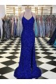 Affordable Sleeveless V-Neck Velvet Sequin Royal Blue Sweep Train Evening Gowns