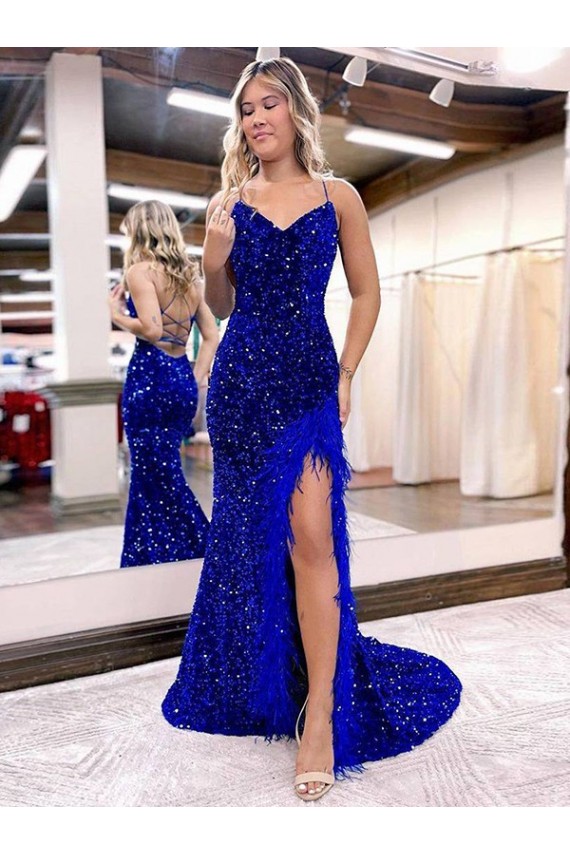 Affordable Sleeveless V-Neck Velvet Sequin Royal Blue Sweep Train Evening Dress