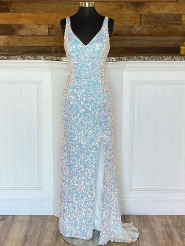 Affordable Sleeveless V-Neck Velvet Sequin Sweep Train Evening Dress