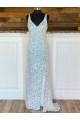 Affordable Sleeveless V-Neck Velvet Sequin Sweep Train Evening Dress