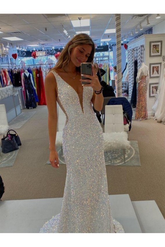 Affordable Sleeveless V-Neck Velvet Sequin Sweep Train Evening Dresses
