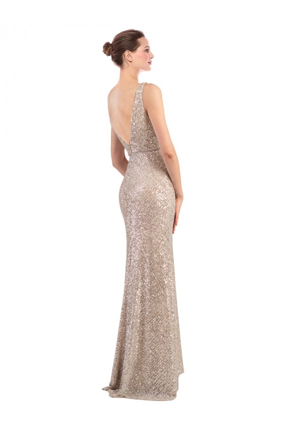 Affordable Sleeveless V-Neck Sequin & Sparkling Sequin Silver Long Formal Evening Dress