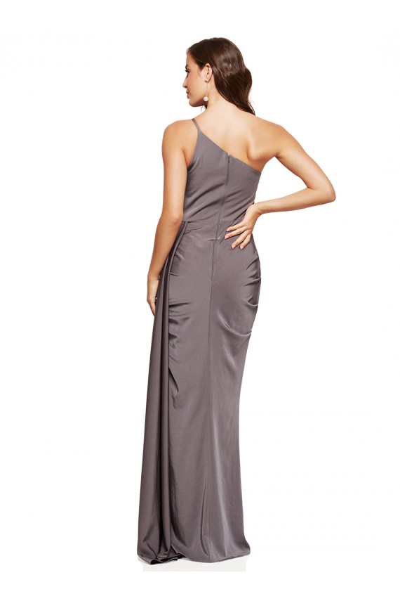 Affordable Sleeveless One Shoulder Silky Satin Slate Grey Long Formal Evening Dress