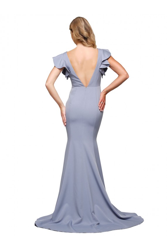 Affordable Sleeveless Round Neck Stretch Crepe Smoke Blue Sweep Train Formal Evening Dress