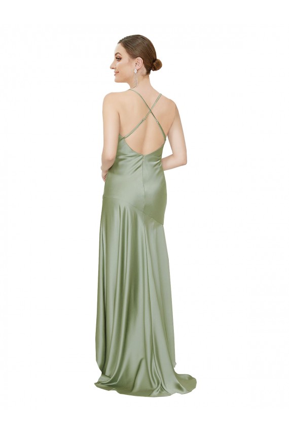 Affordable Sleeveless Cowl Neck Silky Satin Smoke Green Long High Low Evening Dress