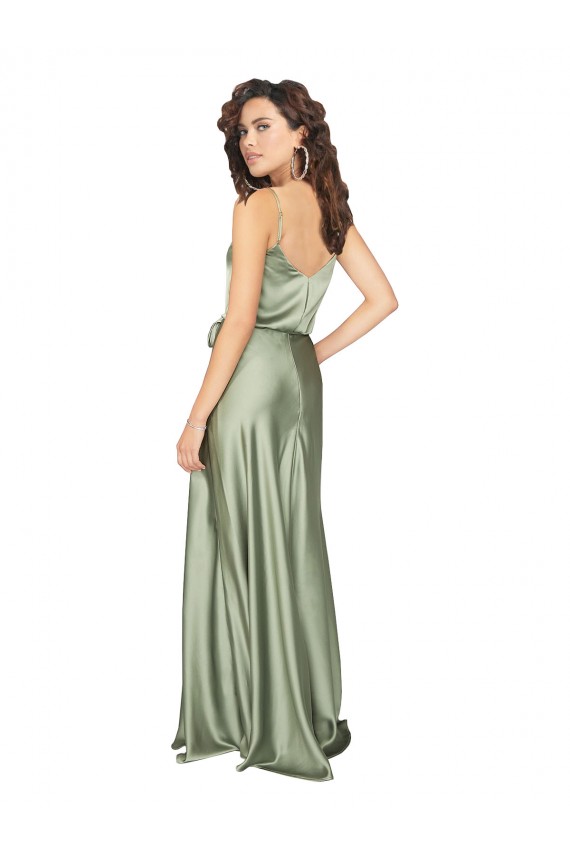 Affordable Sleeveless V-Neck Silky Satin Smoke Green Long Formal Evening Dress