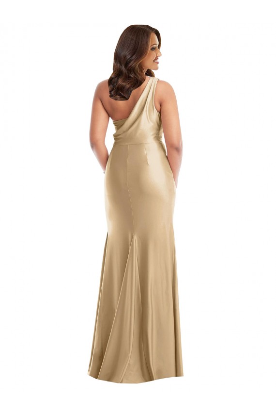 Affordable Sleeveless One Shoulder Silky Satin Soft Gold Long Plus Size Formal Evening Dress