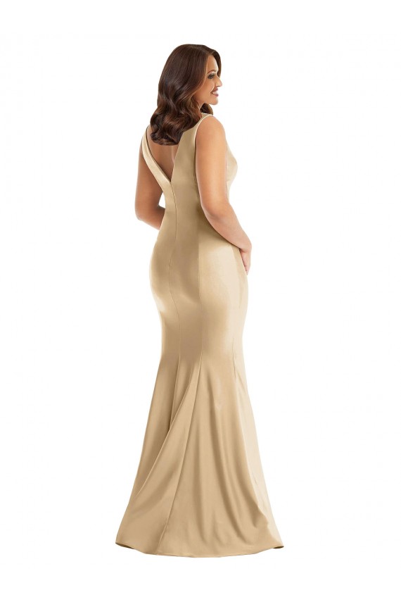 Affordable Sleeveless V-Neck Silky Satin Soft Gold Long Plus Size Formal Evening Dress