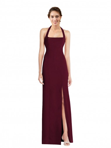 Affordable Sleeveless Halter Neck Stretch Crepe Burgundy Gold Long Semi Formal Evening Dress