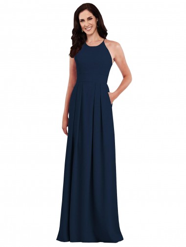 Affordable Sleeveless Halter Neck Stretch Crepe Dark Navy Long Semi Formal Evening Dress
