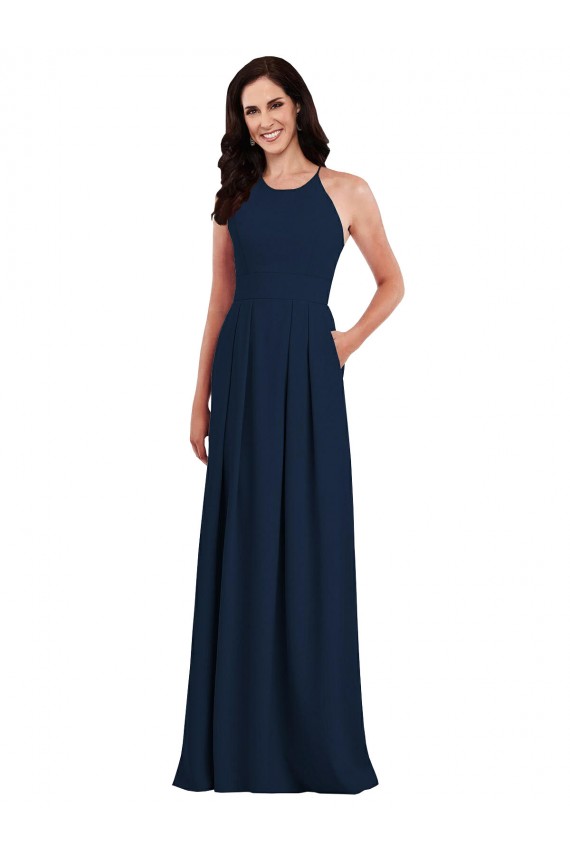Affordable Sleeveless Halter Neck Stretch Crepe Dark Navy Long Semi Formal Evening Dress