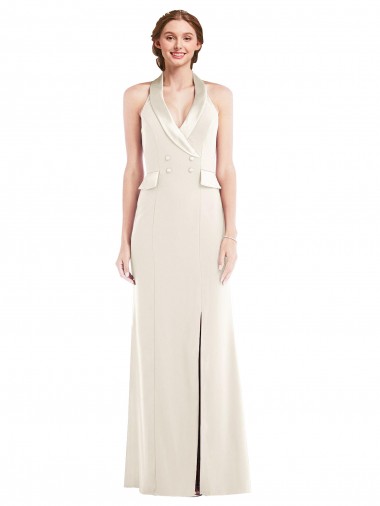 Affordable Sleeveless Halter Neck Stretch Crepe Ivory Long Semi Formal Evening Dress