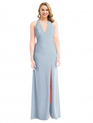 Affordable Sleeveless Halter Neck Stretch Crepe Light Sky Blue Long Evening Dress