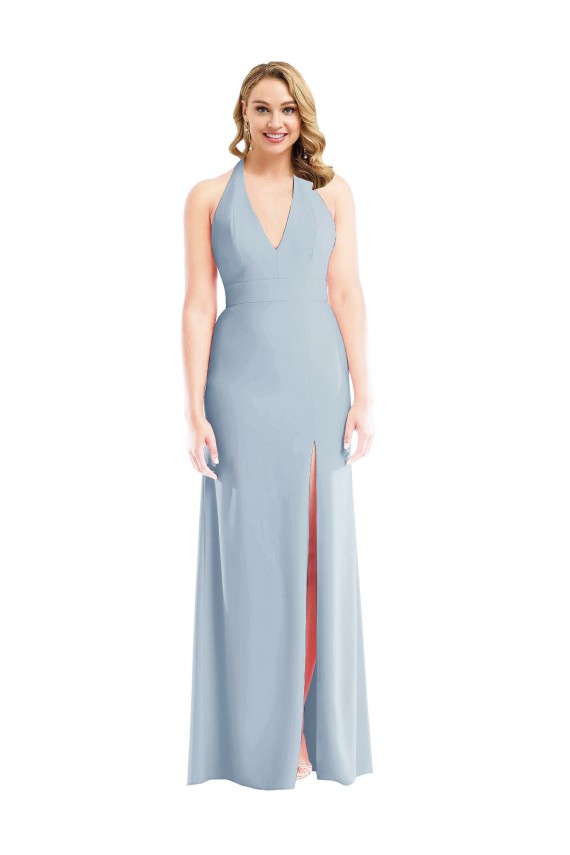 Affordable Sleeveless Halter Neck Stretch Crepe Light Sky Blue Long Evening Dress