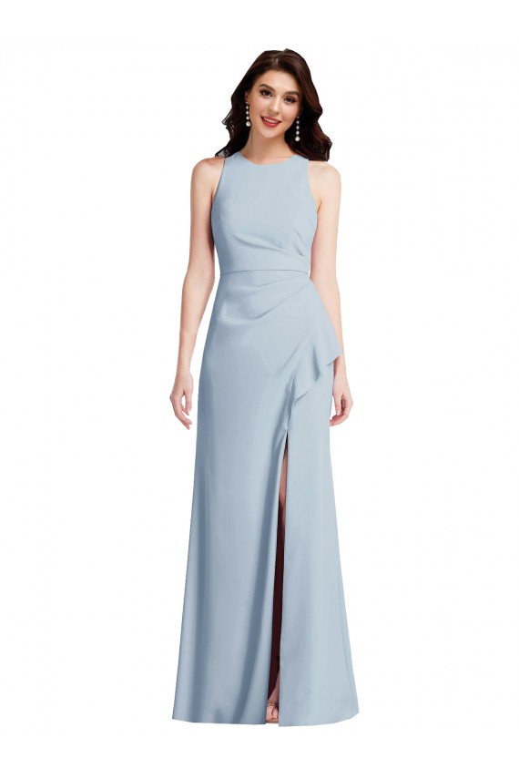 Affordable Sleeveless Halter Neck Stretch Crepe Light Sky Blue Long Formal Dress