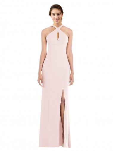 Affordable Sleeveless Halter Neck Stretch Crepe Pink Long Formal Evening Dress