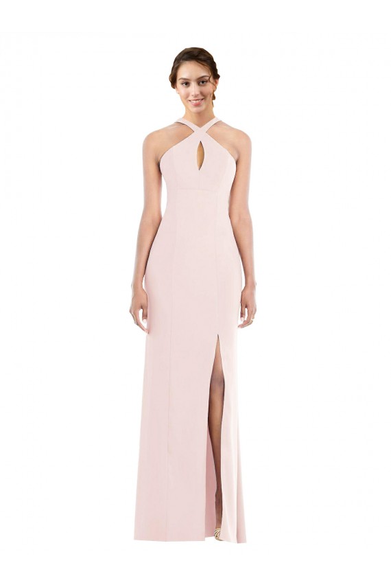 Affordable Sleeveless Halter Neck Stretch Crepe Pink Long Formal Evening Dress