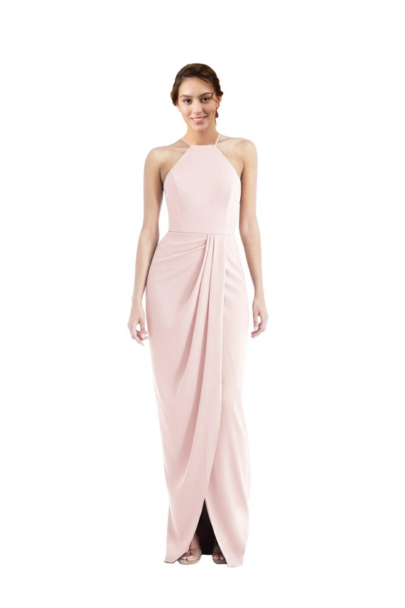 Affordable Sleeveless Halter Neck Stretch Crepe Pink Long Semi Formal Evening Dress