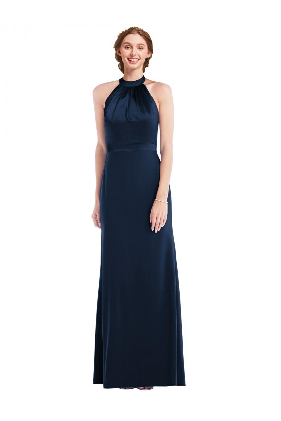 Affordable Sleeveless High Neck Stretch Crepe Dark Navy Long Semi Formal Evening Dress