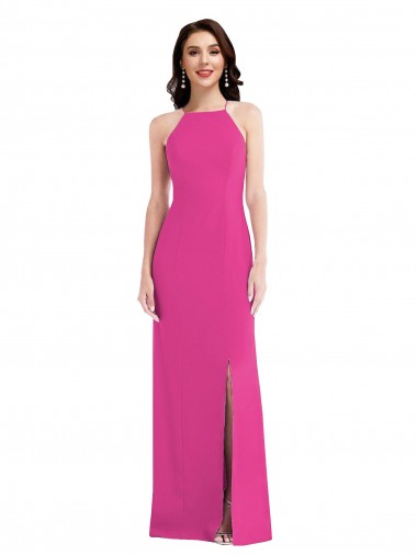 Affordable Sleeveless High Neck Stretch Crepe Fuchsia Long Formal Evening Dress
