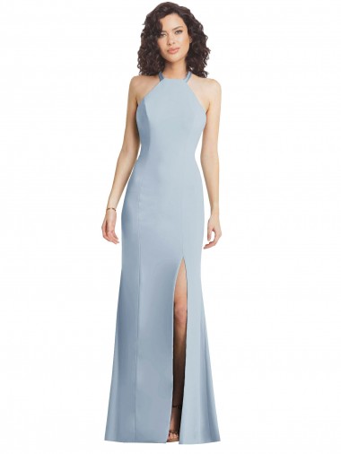 Affordable Sleeveless High Neck Stretch Crepe Light Sky Blue Long Formal Evening Dress