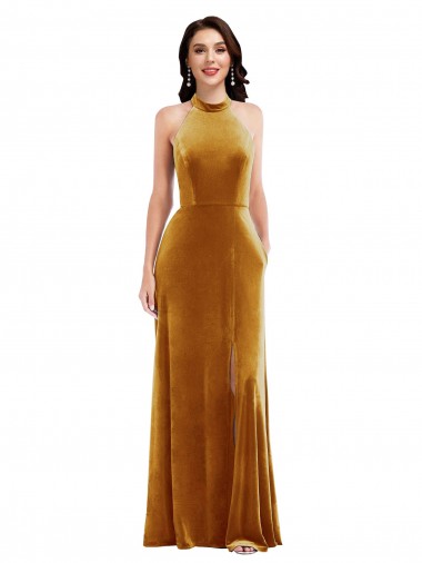 Affordable Sleeveless High Neck Stretch Velvet Gold Long Semi Formal Evening Dress