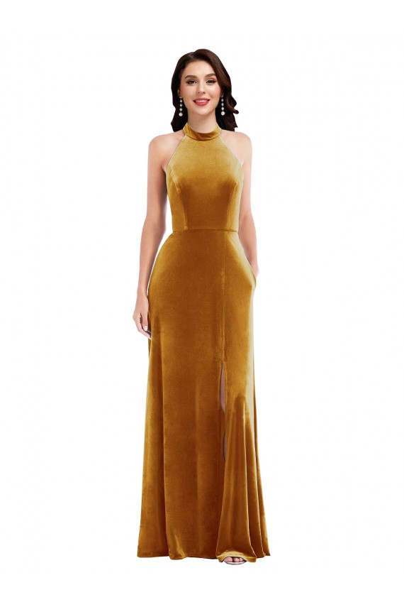 Affordable Sleeveless High Neck Stretch Velvet Gold Long Semi Formal Evening Dress