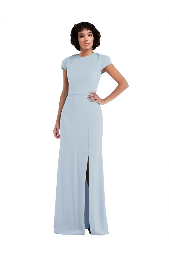 Affordable Cap Sleeves Jewel Neck Stretch Crepe Light Sky Blue Long Semi Formal Evening Dress