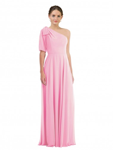 Affordable Sleeveless One Shoulder Soft Chiffon Barely Pink Long Semi Formal Evening Dress