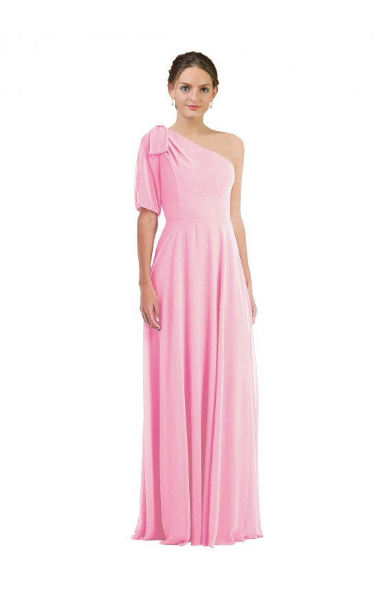 Affordable Sleeveless One Shoulder Soft Chiffon Barely Pink Long Semi Formal Evening Dress