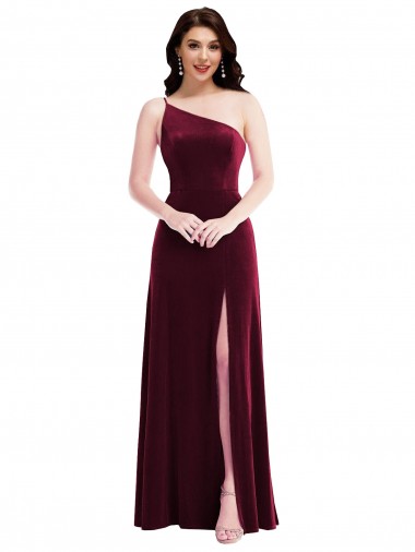 Affordable Sleeveless One Shoulder Stretch Velvet Burgundy Long Black Tie Evening Dress