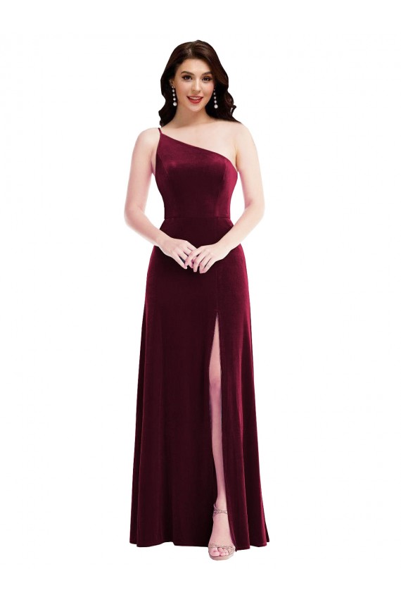 Affordable Sleeveless One Shoulder Stretch Velvet Burgundy Long Black Tie Evening Dress