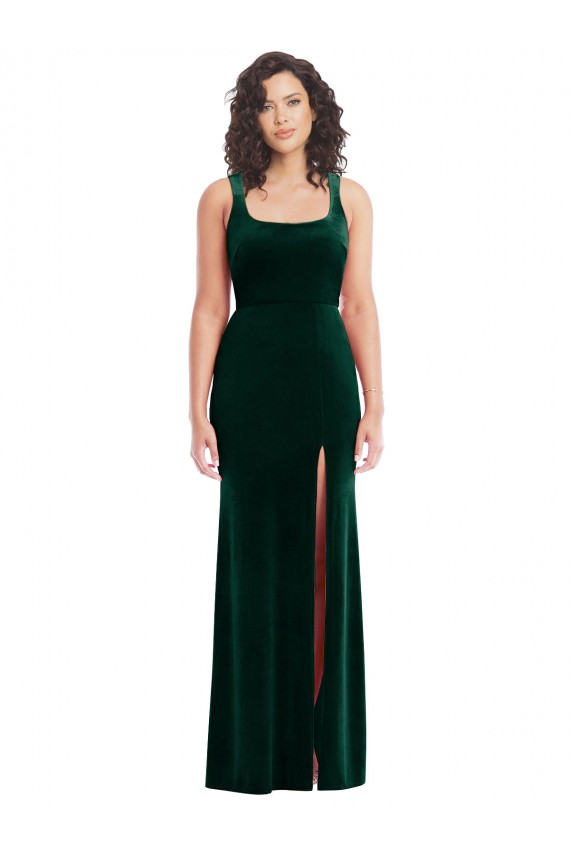 Affordable Sleeveless Square Neck Stretch Velvet Dark Green Long Semi Formal Evening Dress