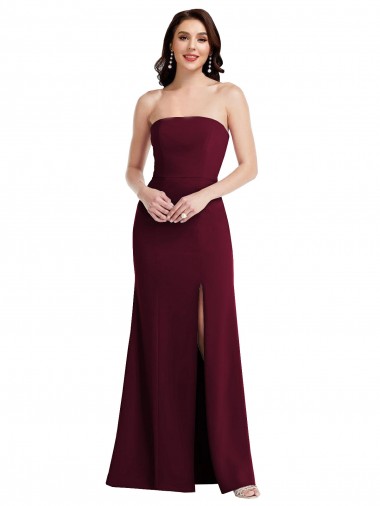 Affordable Sleeveless Strapless Stretch Crepe Burgundy Gold Long Semi Formal Evening Dress