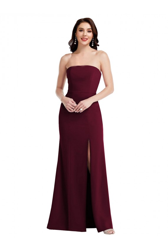 Affordable Sleeveless Strapless Stretch Crepe Burgundy Gold Long Semi Formal Evening Dress