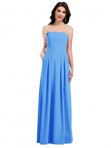 Affordable Sleeveless Strapless Stretch Crepe Peacock Blue Long Semi Formal Evening Dress