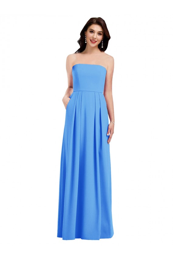 Affordable Sleeveless Strapless Stretch Crepe Peacock Blue Long Semi Formal Evening Dress
