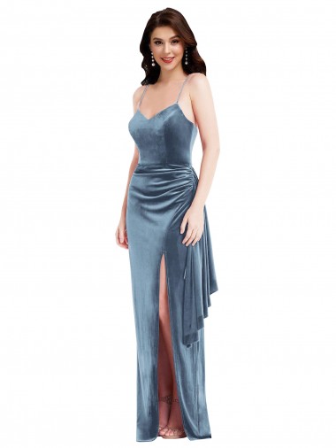 Affordable Sleeveless Sweetheart Stretch Velvet Dusty Blue Long Formal Evening Dress