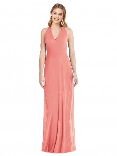 Affordable Sleeveless V-Neck Soft Chiffon Desert Rose Long Formal Evening Dress