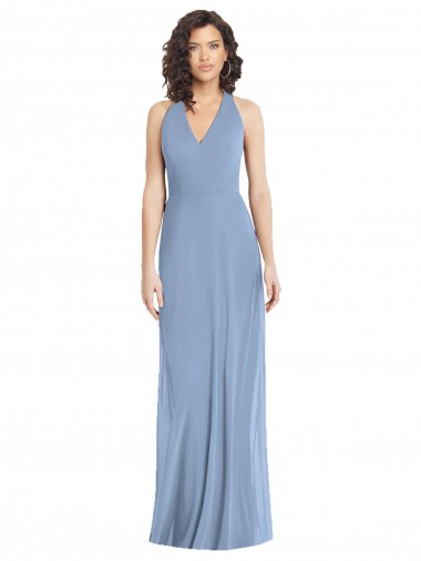 Affordable Sleeveless V-Neck Soft Chiffon Dusty Blue Long Formal Evening Dress