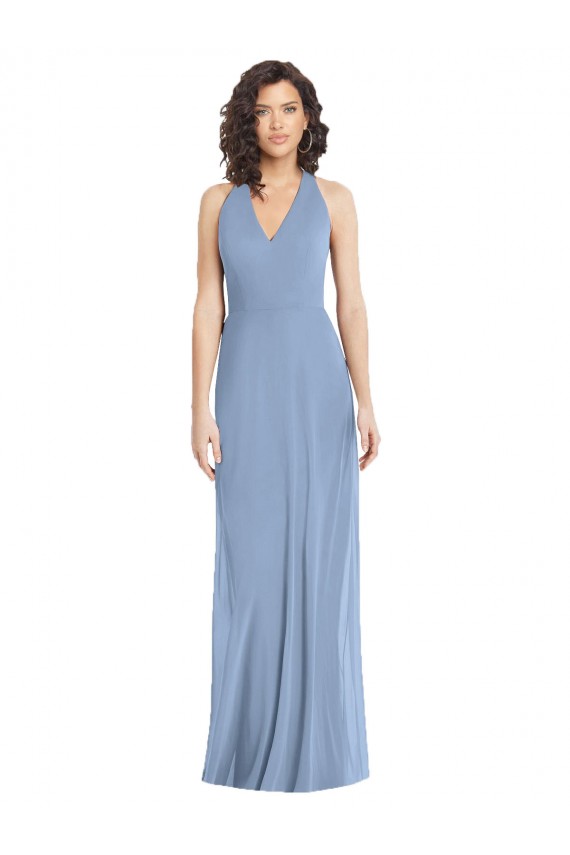 Affordable Sleeveless V-Neck Soft Chiffon Dusty Blue Long Formal Evening Dress